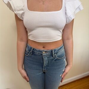 White Ruffled Sleeve Crop Top